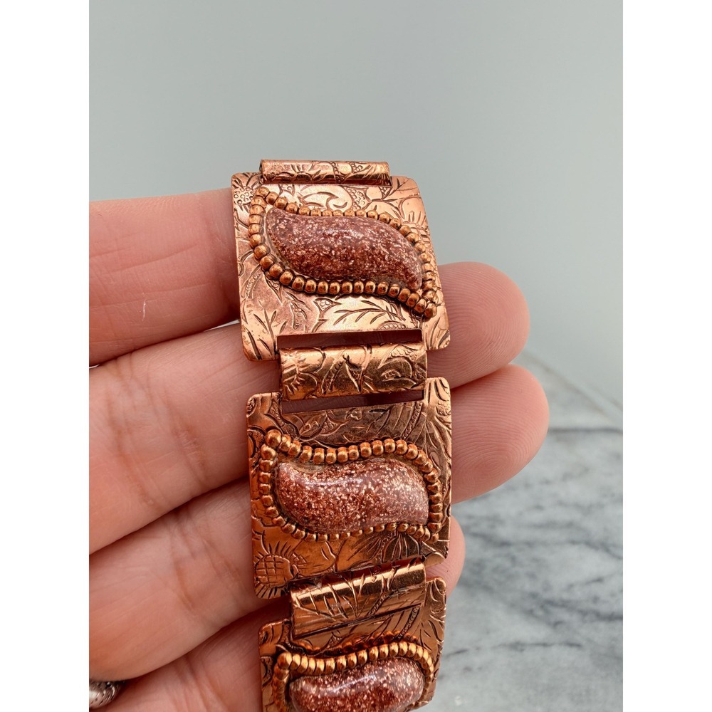 Vintage Copper Tone Panel Bracelet Faux Goldstone Cabochons Boho Southwestern
